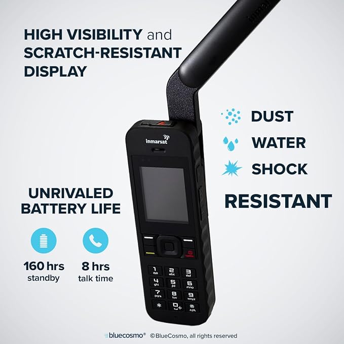 BlueCosmo Inmarsat IsatPhone 2.1 Satellite Phone Kit (SIM Included), unlocked - Global Coverage - Voice, SMS, GPS Tracking, Emergency SOS - Prepaid and Monthly Service Plan Options