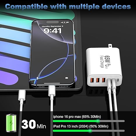 USB C Charger Block,65W 6-Port USBC Charging Block,Wall Charger iPhone Charger Fast Charging,Multiport Type C PD+QC Power Plug for All iPhone 17 16 15 iPad Samsung S23 S24 iWatch Pixel Series (White)