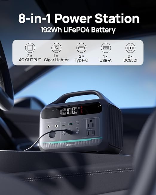 DARAN Portable Power Station 300W (600W Peak), 192Wh LiFePO4 Battery Solar Generator with 60W PD Fast Charge, 5.84lbs Lightweight Backup Battery for Outdoor Camping, CPAP, RV (Solar Panel Optional)