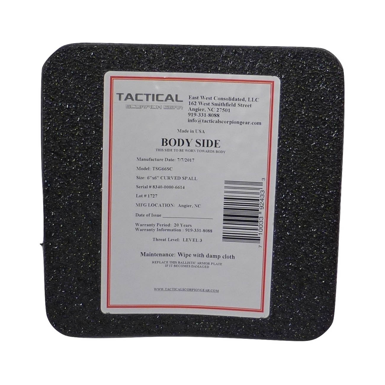 Tactical Scorpion Gear – Level III AR500 / Lightweight Level III+ Steel Body Armor 6″ x 6″ Plate